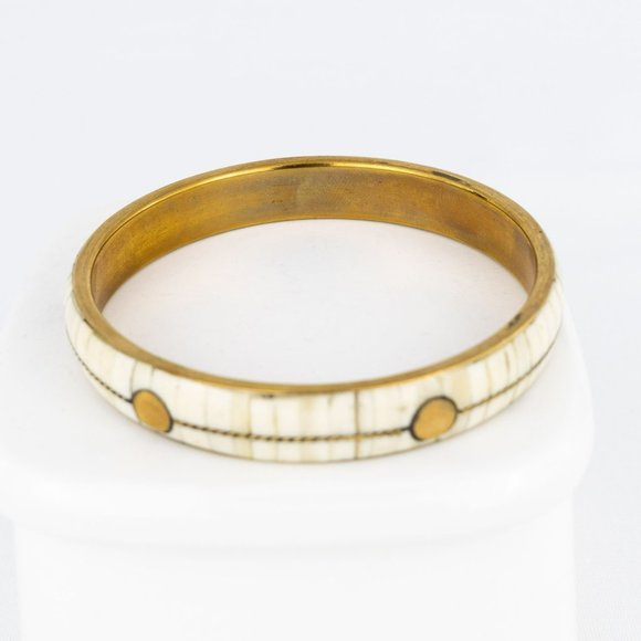 COPY - Brass Inlaid Bone Bangle Bracelet Panel Rectangle Off-White Circles Conv… - Picture 7 of 8